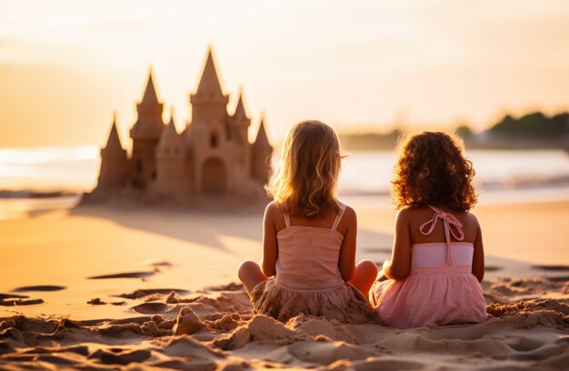 Hermanas pequeñas jugando en la playa juntas