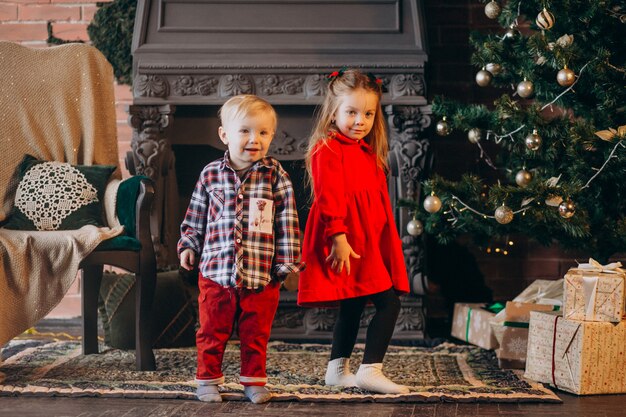 Hermano con hermana por arbol de navidad.