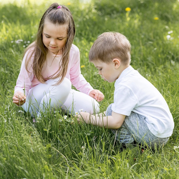 Hermano y hermana jugando en la hierba alta vista