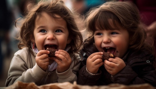 Foto gratuita hermanos caucásicos sonrientes disfrutando del chocolate al aire libre en invierno generado por ia