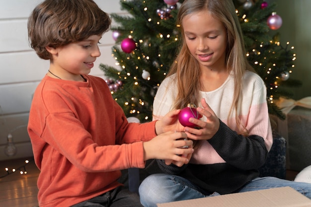 Hermanos decorando el árbol de navidad juntos