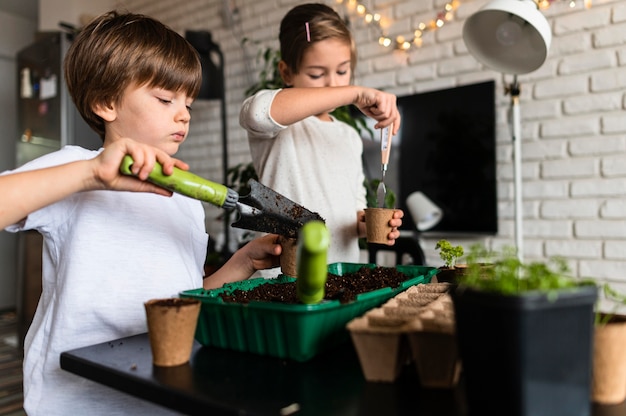 Hermanos jóvenes plantando cultivos en casa.