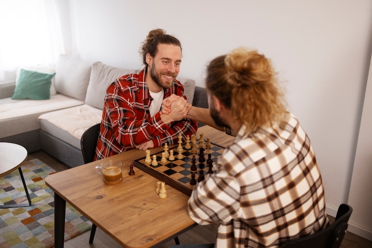 Foto gratuito hermanos jugando ajedrez plano medio