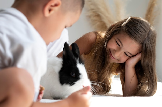 Hermanos jugando con su mascota conejo.