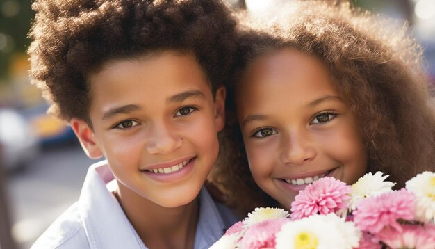 Hermanos sonrientes sosteniendo flores disfrutando del abrazo de la naturaleza generado por IA