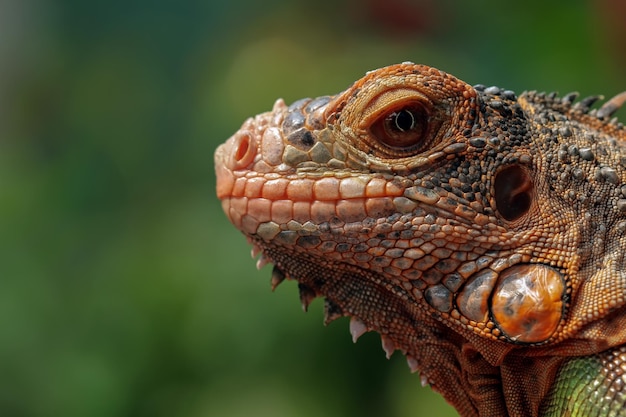 Foto gratuita hermosa cabeza de primer plano de iguana roja bebé en primer plano de animal de madera