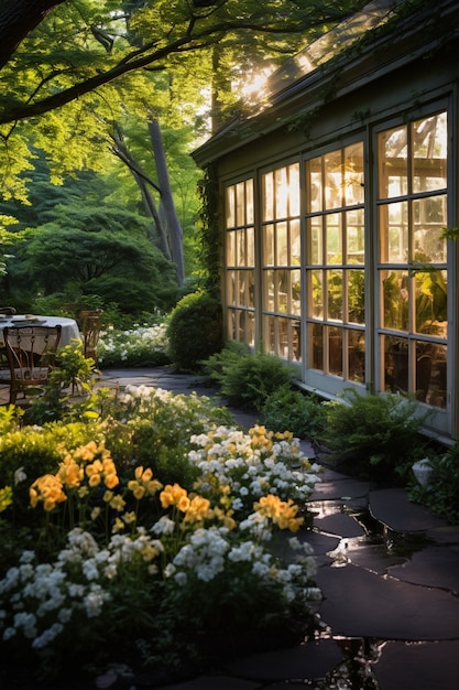 Una hermosa casa rodeada de flores