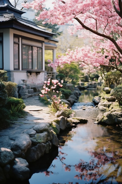 Foto gratuita una hermosa casa rodeada de flores