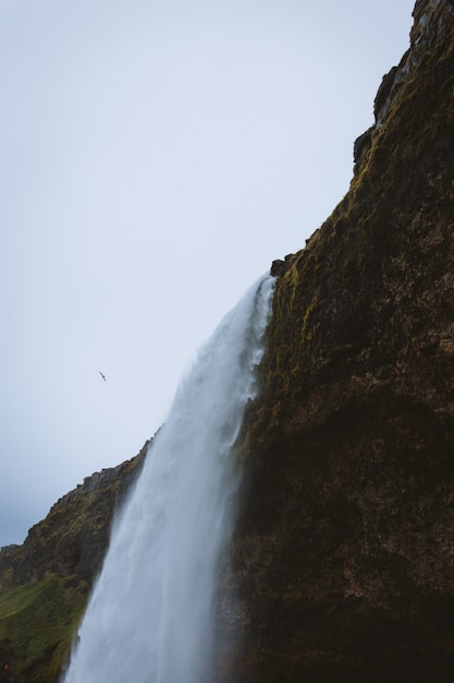 Foto gratuita hermosa cascada en los acantilados rocosos capturados en islandia