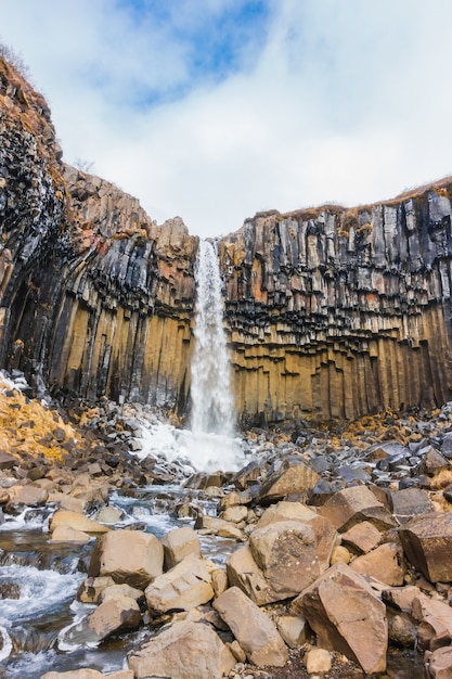 Hermosa cascada famosa en Islandia, temporada de invierno.