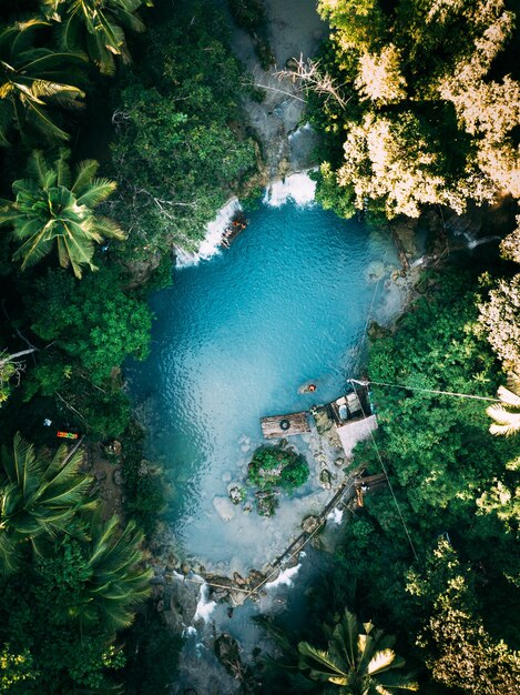 Hermosa cascada que fluye hacia el río rodeada de verdes