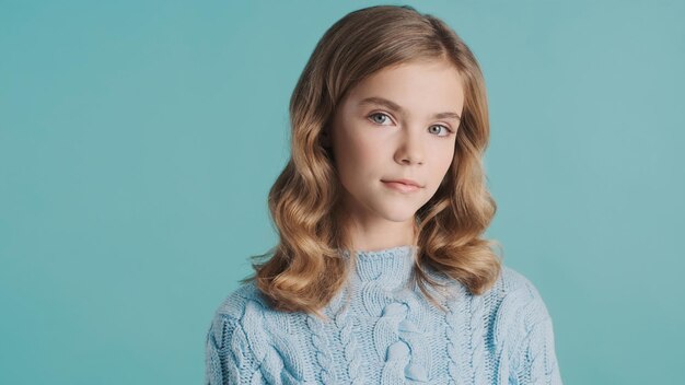 Hermosa chica adolescente de pelo rubio mirando atentamente a la cámara posando sobre un fondo colorido Disparo de estudio