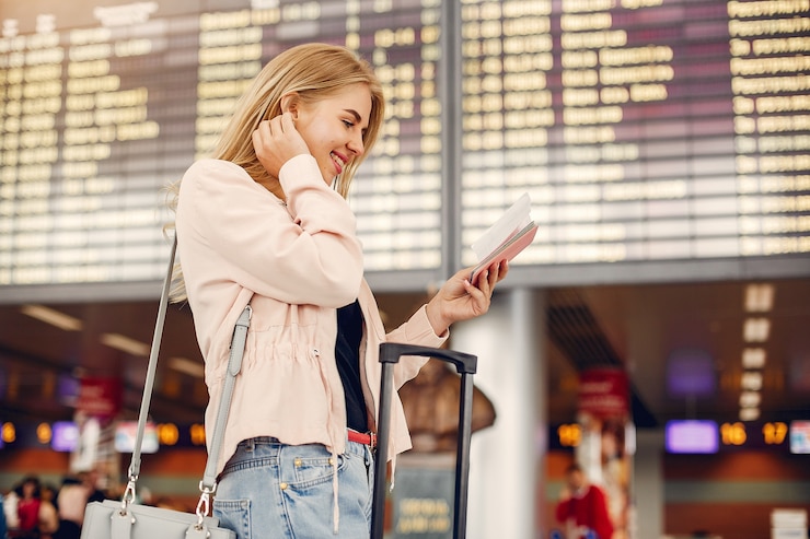 Foto gratuito hermosa chica de pie en el aeropuerto