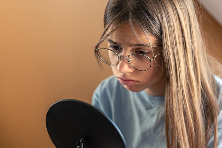 Foto gratuito una hermosa chica triste con gafas se mira a sí misma en el espejo rutina de la mañana