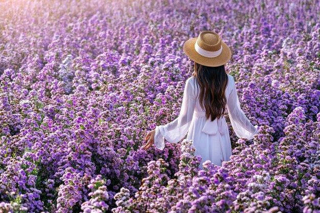 Hermosa chica en vestido blanco disfrutando en los campos de flores de Margaret