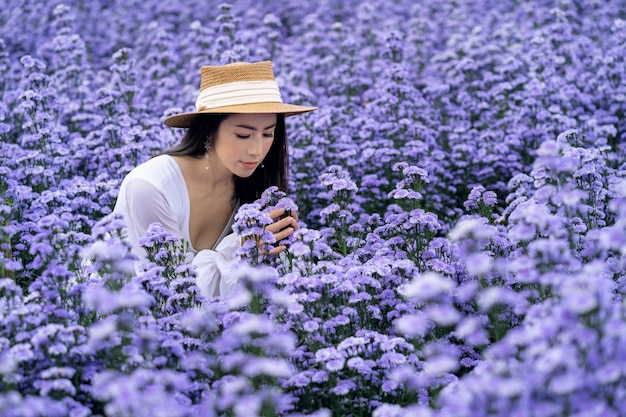 Hermosa chica en vestido blanco sentado en los campos de flores de Margaret, Chiang Mai.