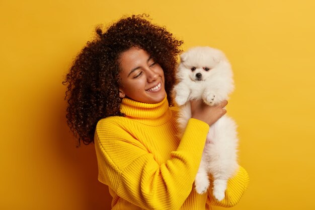 Hermosa dama afroamericana rizada en suéter amarillo de gran tamaño, juega con su mascota favorita en el interior, tiene un estado de ánimo feliz, se siente orgullosa de tener un lindo animal.