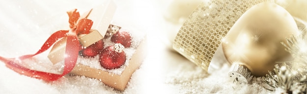 Hermosa decoración de Navidad con caja de regalo y nieve