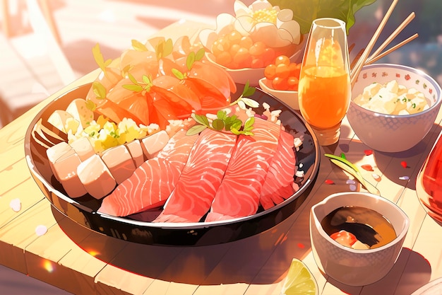 Hermosa escena de dibujos animados de comida de anime