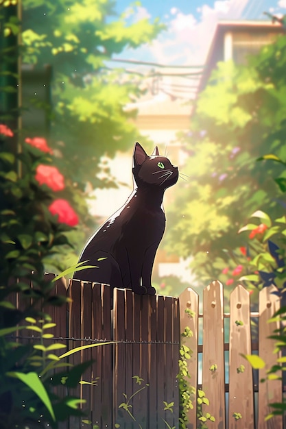 Hermosa escena de dibujos animados de gatos de anime