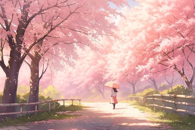 Hermosa escena de dibujos animados del paisaje de sakura del anime