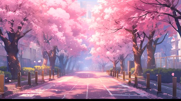 Hermosa escena de dibujos animados del paisaje de sakura del anime