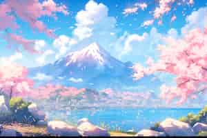 Foto gratuita hermosa escena de dibujos animados del paisaje de sakura del anime