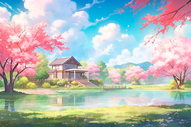 Foto gratuita hermosa escena de dibujos animados del paisaje de sakura del anime