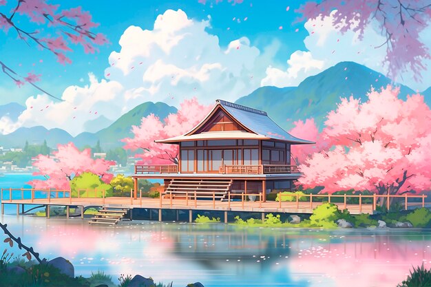 Hermosa escena de dibujos animados del paisaje de sakura del anime