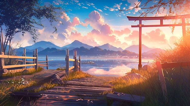 Hermosa escena de dibujos animados de paisajes de anime