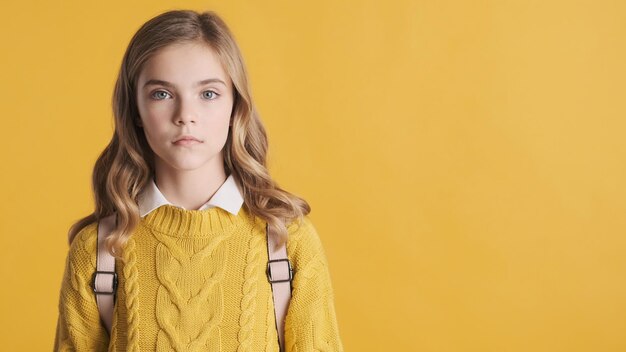 Hermosa estudiante adolescente rubia que parece segura de sí misma cerca del espacio de copia para su anuncio o contenido promocional sobre fondo amarillo