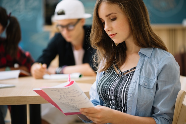 Foto gratuito hermosa estudiante trabajando en la tarea