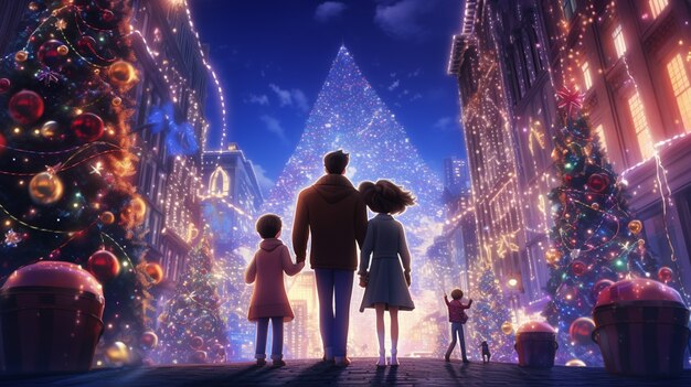 Hermosa familia de anime en la víspera de año nuevo