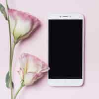 Foto gratuita hermosa flor de eustoma y teléfono inteligente contra el fondo rosa