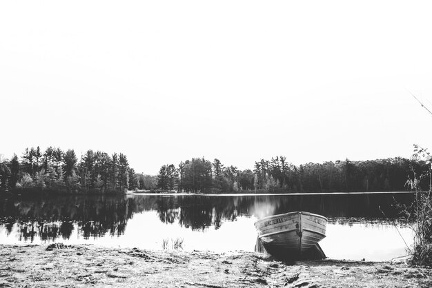 Hermosa foto de un barco en el agua cerca de la orilla con árboles en la distancia en blanco y negro