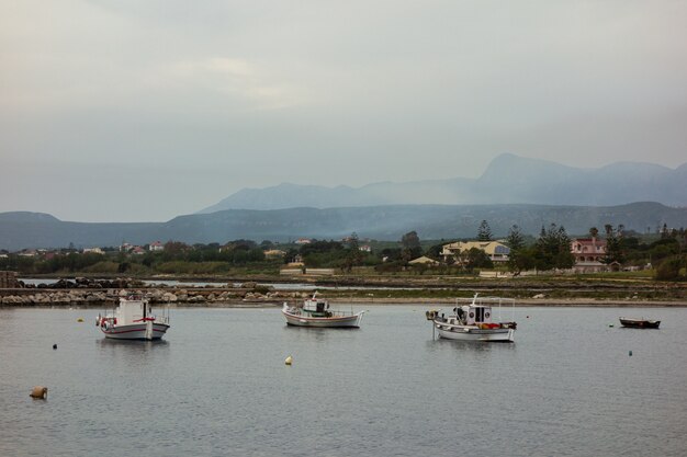 Hermosa foto de barcos en el agua con edificios y montañas en la distancia