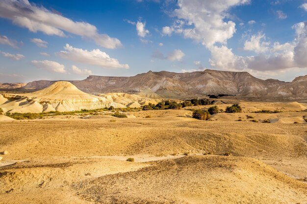 Hermosa foto de un campo desértico con montañas y un cielo azul nublado