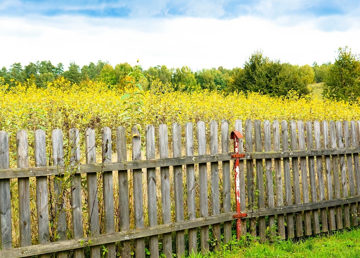 Foto gratuito hermosa foto del campo lleno de flores amarillas y árboles detrás de la valla de madera vieja