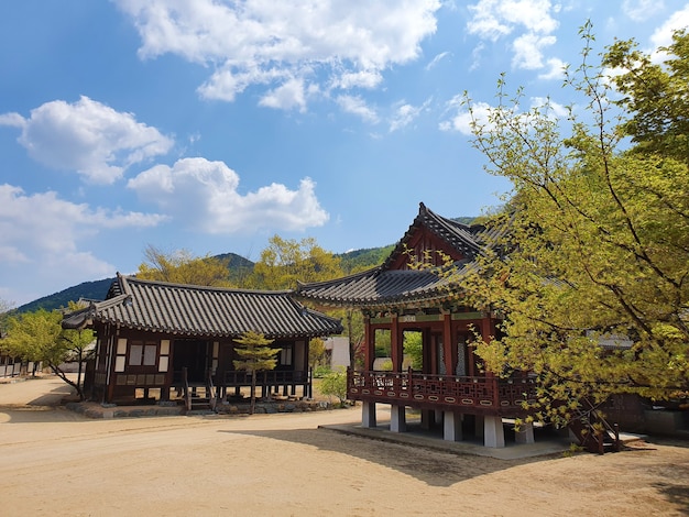 Una hermosa foto de casas de estilo japonés bajo un cielo azul