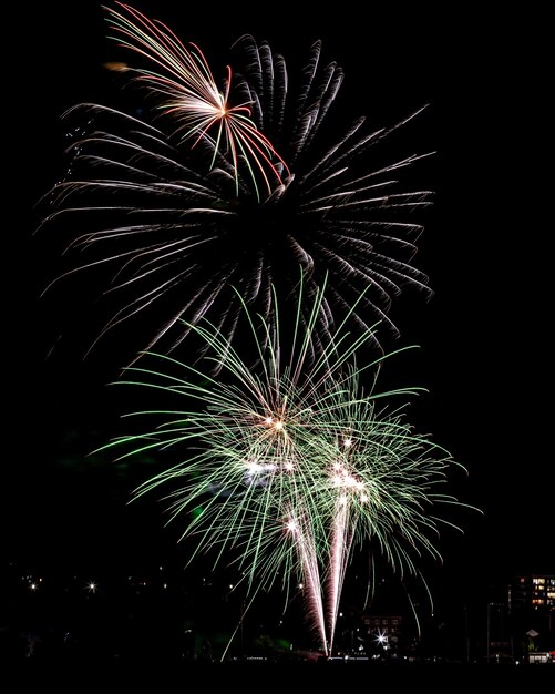 Hermosa foto de coloridos fuegos artificiales en el cielo nocturno durante las vacaciones