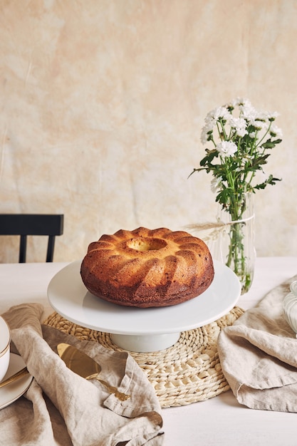 Hermosa foto de un delicioso pastel de anillo puesto en un plato blanco y una flor blanca cerca