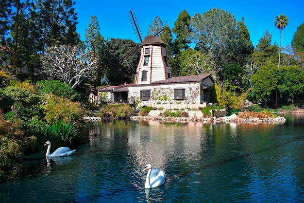 Hermosa foto de una finca con un lago de cisnes rodeado de un paisaje verde