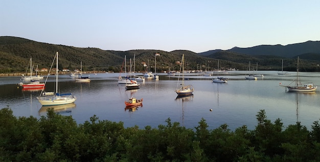 Hermosa foto de un lago con barcos rodeados de montañas y árboles