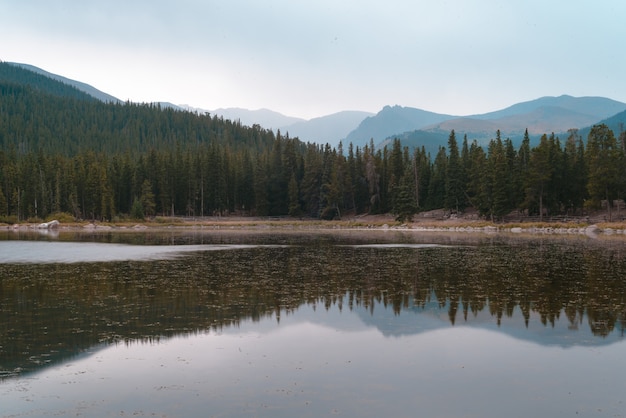 Hermosa foto de un lago que refleja los árboles en la orilla bajo un cielo azul