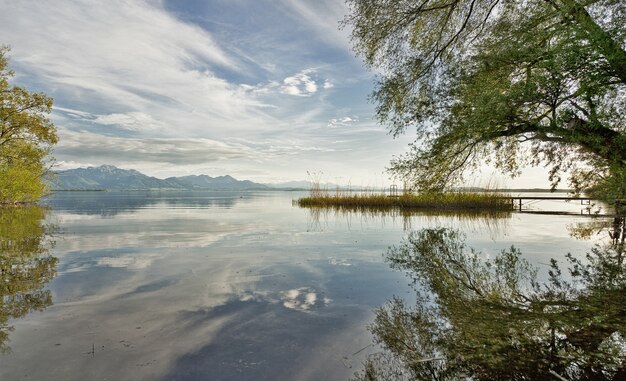 Hermosa foto de un lago rodeado de árboles con colinas