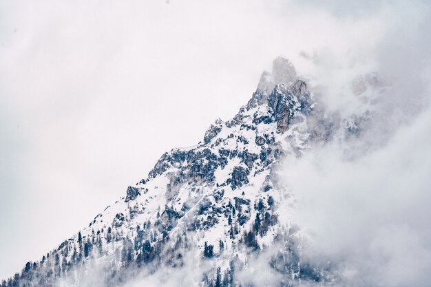 Hermosa foto de una montaña nublada cubierta de nieve con cielo gris