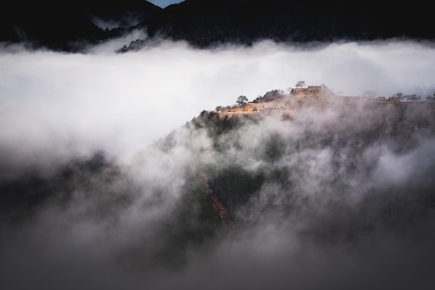 Hermosa foto de una montaña sobre la niebla