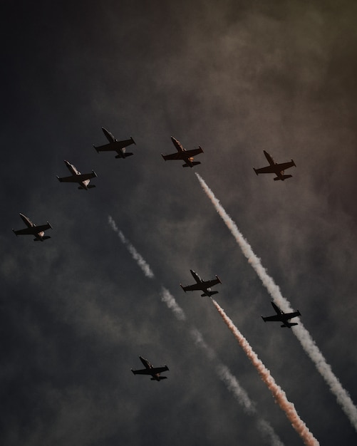 Foto gratuita hermosa foto de muchos aviones en el cielo gris realizando operaciones y piruetas