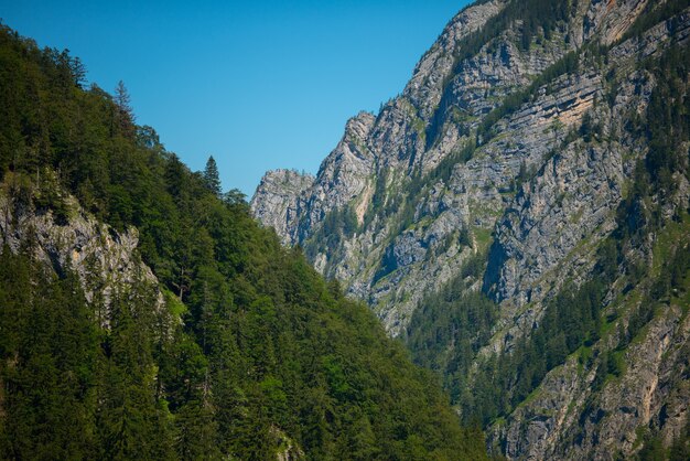 Hermosa foto de un paisaje de montaña sobre un fondo de cielo despejado