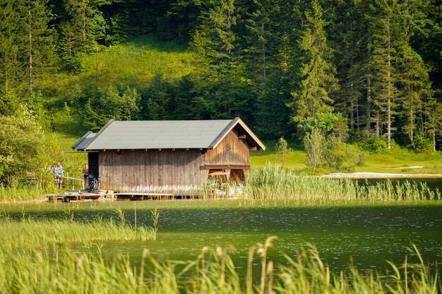 Hermosa foto de la pequeña casa de madera entre árboles verdes y junto al lago